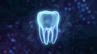 Glowing digital tooth hologram on dark blue circuit board background, representing futuristic dental technology and AI-powered dentistry innovation.