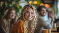 Young blonde woman smiling at cafe with friends, holding coffee cup. Natural lighting creates warm atmosphere with bokeh background. Casual lifestyle scene.