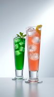 Two colorful cocktails with ice cubes and garnishes on reflective surface against neutral background for beverage and hospitality concepts.