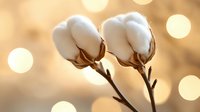 Delicate cotton flowers against blurred golden bokeh background, soft focus close-up view showing natural raw cotton bolls on brown stems in warm light.