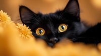 Black cat with bright yellow eyes peeking out curiously, yellow gerbera daisies in foreground against warm golden bokeh background, creating magical autumn mood.