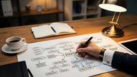 Businessman sketching organizational flowchart on paper at wooden desk with coffee cup, notebook, and brass lamp during strategic planning session.