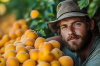 Bearded Caucasian male farmer in hat harvesting fresh ripe oranges in citrus orchard, close up portrait with natural sunlight and bokeh background.