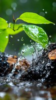 Fresh green leaves with water droplets splashing against dark background, capturing dynamic motion of pure water drops and natural vitality in macro photography.