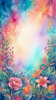 Vibrant watercolor floral border with tropical leaves, pink blooms, and gold accents on a soft pastel background, great for cards and posters.