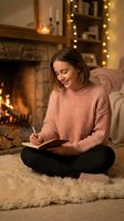 Young Caucasian woman in cozy pink sweater writing in journal by fireplace with warm lighting and holiday decorations creating peaceful home atmosphere.