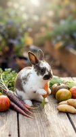 Adorable spotted baby rabbit eating fresh carrot surrounded by autumn harvest vegetables on rustic wooden table with blurred garden background.