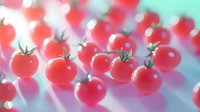 Fresh ripe cherry tomatoes on blurred background with soft bokeh effect, bright red produce with green stems in dreamy pastel lighting.
