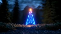 Glowing neon Christmas tree illuminates dark forest at night, geometric modern design with blue light creates magical winter atmosphere in nature.