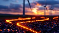 Wind turbines silhouetted against dramatic sunset sky with glowing orange light trail winding through rocky terrain, creating contrast between renewable energy and natural landscape.