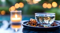 Cozy evening tea setup with glass cup, star anise spices on dark plate, glowing candle and warm bokeh lights creating peaceful atmosphere for relaxation.