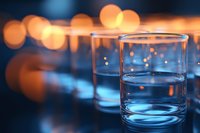 Glass of water with blurred golden bokeh lights in background creates serene atmosphere. Clean drinking glass reflects blue tones in evening ambiance.