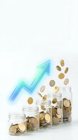 Golden coins filling glass jars with upward trending arrow showing financial growth and investment success on white background.
