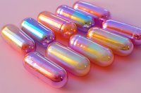 Iridescent holographic capsule pills with rainbow color shifting effect on pink background. Pharmaceutical concept with modern aesthetic appeal.