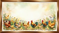 Flock of roosters and hens in farmyard garden with wildflowers and plants, framed artwork in watercolor style for home decor and agricultural themes.