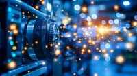 Professional camera lens with glowing bokeh lights creating magical atmosphere in blue and orange tones, close-up view showing technical details and artistic blur.
