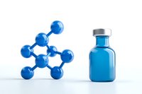 Blue molecular structure model and glass medical bottle with liquid on white background, scientific laboratory concept for chemistry and medicine.