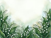 Watercolor lily of the valley border with white bell flowers and green leaves on soft background, copy space for text.