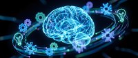 Glowing blue brain with orbiting light bulbs and gears on dark background representing innovation, creativity, artificial intelligence and mental processes.