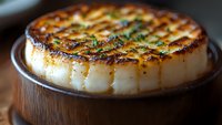 Golden baked potato gratin with herbs on wooden serving board. Creamy layered casserole with crispy top perfect for comfort food recipes and cooking content.