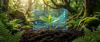Young seedling sprouting from rich soil in lush forest environment with digital holographic interface displaying growth metrics and sustainability data overlay for environmental technology concepts.