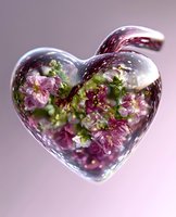 Glass heart-shaped pendant with delicate pink flowers and green foliage captured inside, creating magical crystalline effect against soft purple background.
