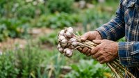 Farmer holding freshly harvested garlic bulbs in hands over garden field, agricultural produce and organic farming concept for harvest season.
