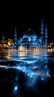 Glowing blue mosque with minarets reflected in sparkling water at night, magical atmosphere created by luminous architectural details and bokeh lights.