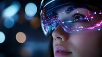 Young Asian woman wearing futuristic protective glasses with neon purple light reflection and digital elements, close up view against dark background with bokeh lights.