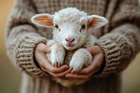 Adorable newborn lamb being held in gentle hands wearing warm knit sweater, close up portrait showing sweet expression and soft white wool against cozy brown background.