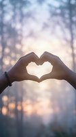 Hands forming heart shape against dreamy bokeh background with warm sunlight filtering through trees for love and romance concepts.