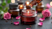 Aromatherapy essential oil drops falling into massage candle jar with pink roses and amber bottles on dark background, spa wellness concept.