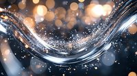 Abstract flowing liquid with sparkling particles against dark background with golden bokeh lights, creating elegant wave-like motion.