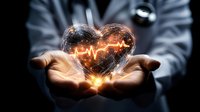 Medical professional holding glowing heart with heartbeat pulse line in hands against dark background, healthcare and cardiology concept visualization.