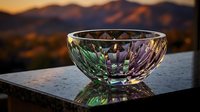 Elegant crystal bowl with rainbow reflections on stone surface against mountain sunset backdrop for luxury home decor and tableware photography.