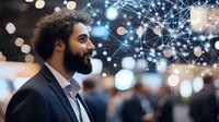 Middle Eastern businessman with beard and curly hair looking at digital network visualization with glowing nodes and connections against blurred bokeh background.