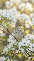 Small sparrow perched on flowering dogwood branch with white blossoms in soft spring garden setting for nature and wildlife photography projects.