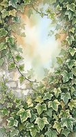 Climbing ivy vines with green and variegated leaves frame a bright central space, rendered in soft watercolor style. Use for botanical backgrounds, nature designs, and garden-themed projects.