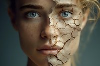 Young blonde woman with cracked dry skin texture on face showing skincare dehydration concept for beauty and dermatology treatments.