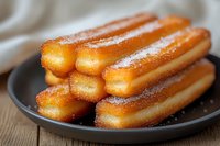 Fresh churros dusted with sugar served on dark plate, close up view of traditional Spanish pastry dessert with crispy golden exterior.