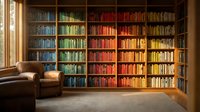Colorful rainbow bookshelf with organized books by color creating gradient effect in cozy library interior with leather armchair and warm lighting.