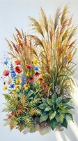Watercolor painting of autumn wildflower meadow with golden pampas grass, colorful blooms and ferns on white background for botanical art projects.