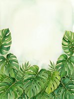 Tropical monstera leaves frame watercolor background with copy space for text, design, or branding purposes.