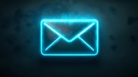 Glowing blue neon mail envelope icon on dark background with bokeh effect, modern digital communication symbol for web and mobile apps.