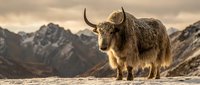 Yak with long horns standing in high altitude mountain landscape with rocky peaks and cloudy sky, suitable for wildlife, nature, and travel content.