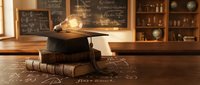 Stack of old books with glowing light bulb on top in vintage classroom setting with chalkboard and wooden shelves, symbolizing knowledge and bright ideas.