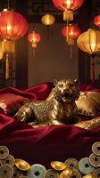 Ornate golden tiger statue surrounded by red silk fabric, traditional paper lanterns with warm lighting, and scattered coins on dark surface for festive celebration and prosperity themes.