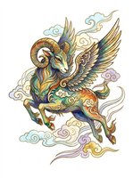 Ornate winged goat with decorative clouds, isolated on transparent background. Ready for t-shirt design, clipart, stickers, sublimation, and print-on-demand products.