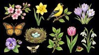 Spring garden collection featuring blooming flowers, songbirds, butterflies, and insects isolated on transparent background. Ready for t-shirt designs, clipart, stickers, sublimation, and print-on-demand projects.