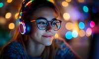 Young woman with glasses and headphones smiling against colorful bokeh lights background, enjoying music or gaming in evening atmosphere.